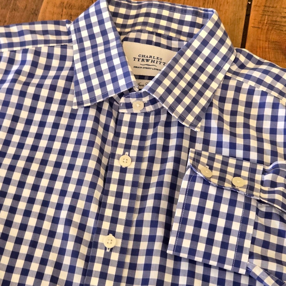 Charles Tyrwhitt Men 17.5/36 Blue Gingham Non Iron Classic Fit Dress Shirt